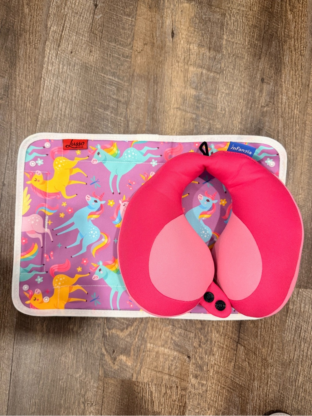 Bright Pink Travel Neck Pillow with Unicorn Mat